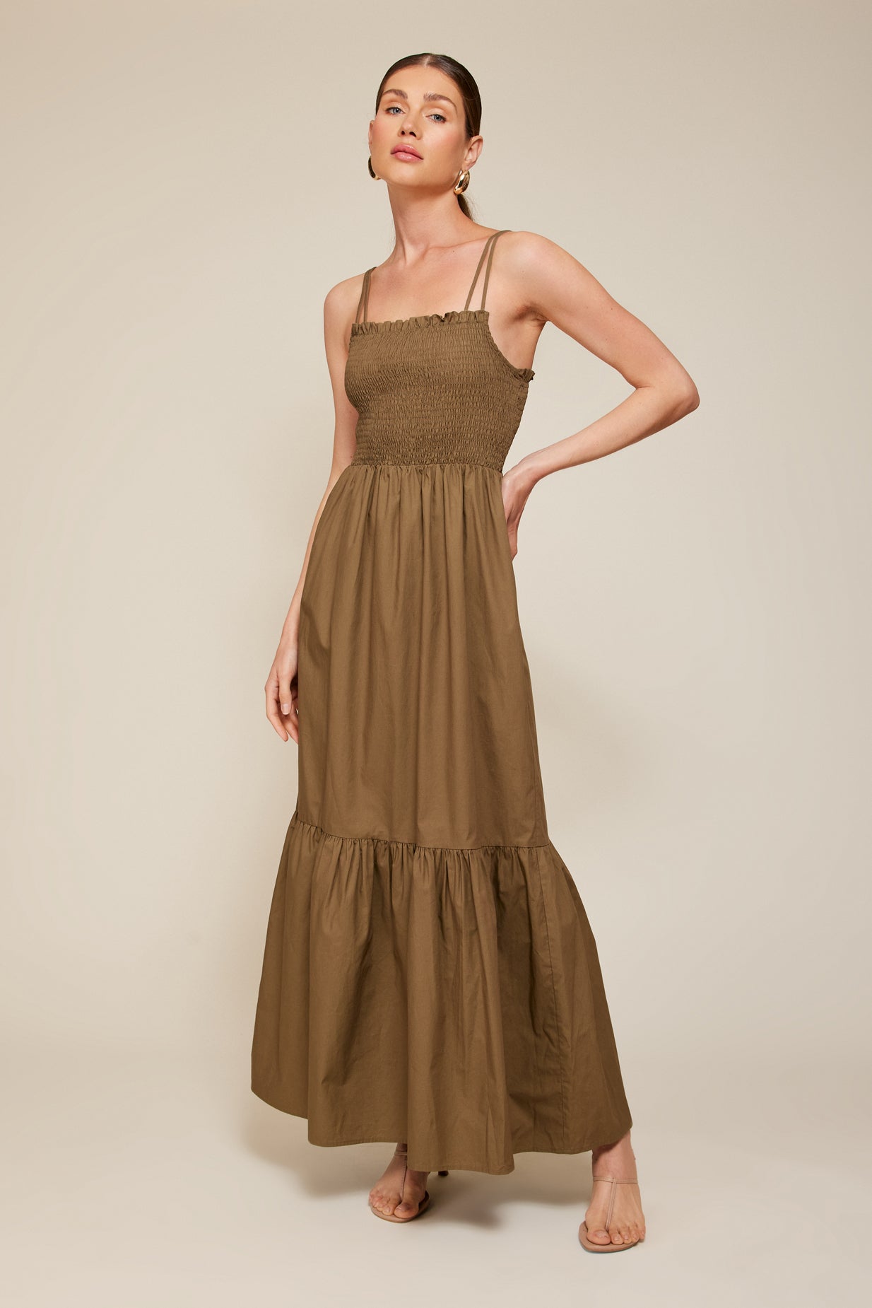 chinese dress ladies Women's Move with Purpose Light Brown Ruched Maxi Dress | Size: L main image 1