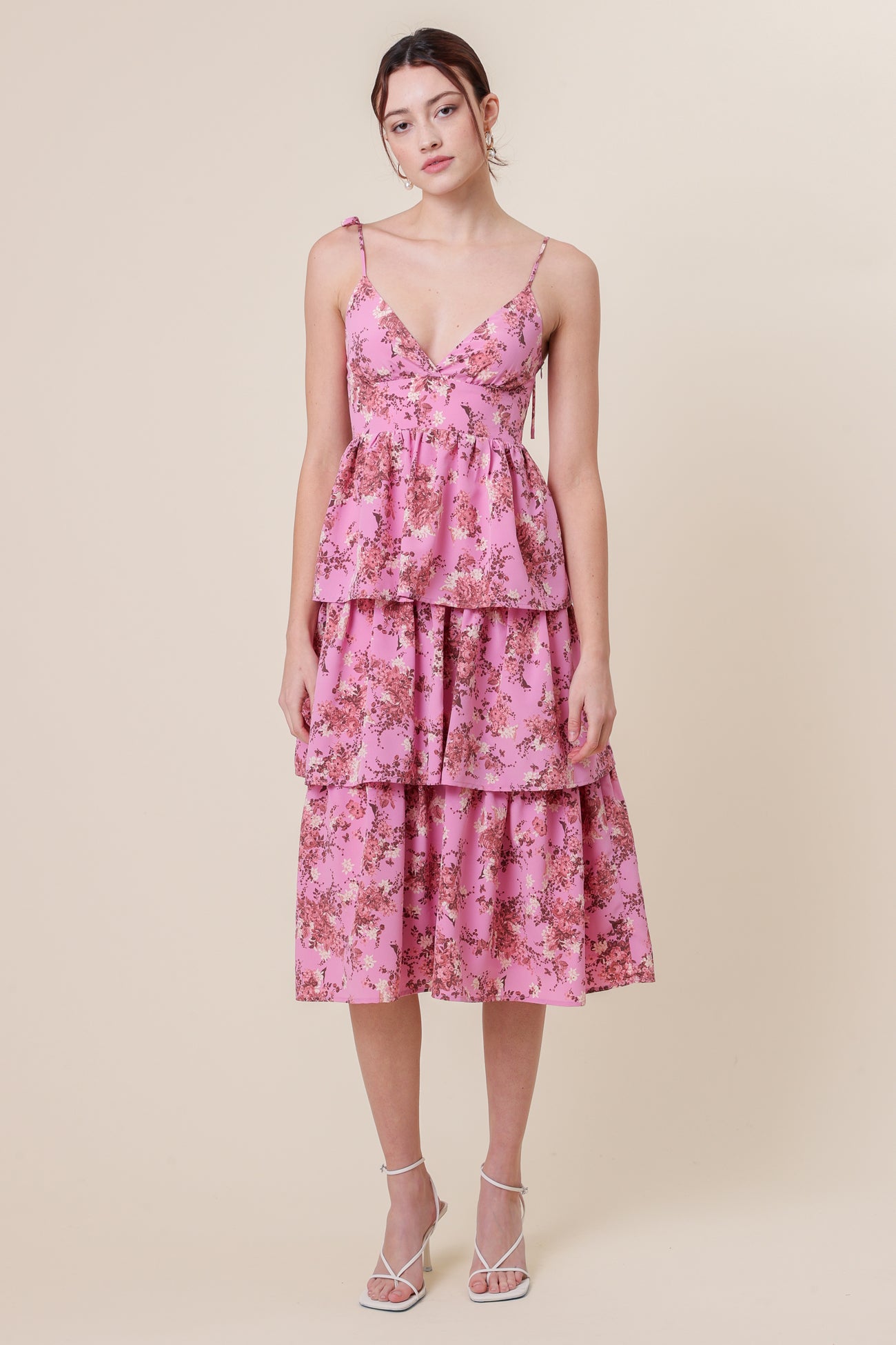 floral dotted a-line dress in pink Lynn Floral Swiss Dot A-Line Ball Gown in White Print | Size: L | Mesh Fabric main image 0