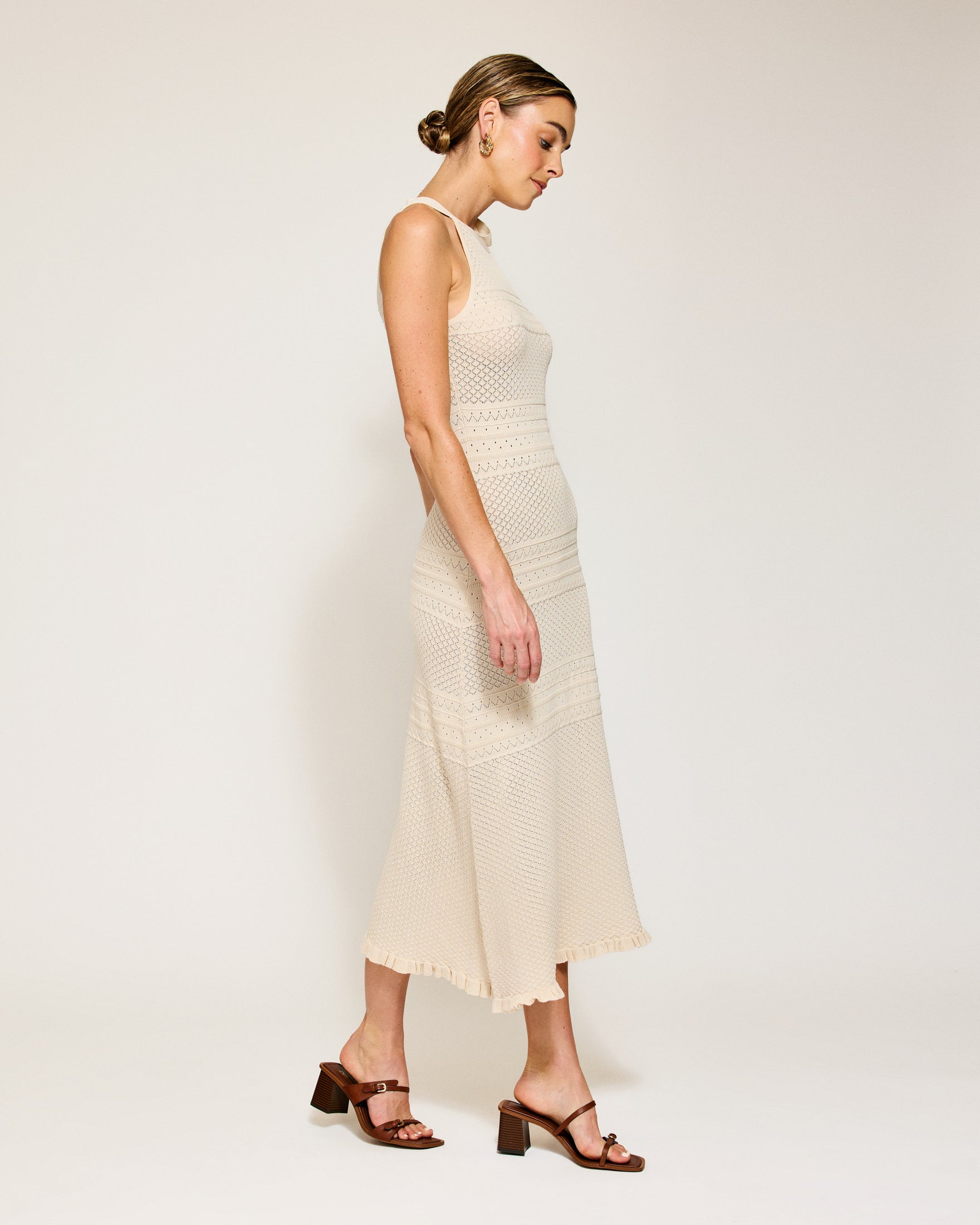 beige crochet midi dress Hand-Knit Crochet Midi Dress
