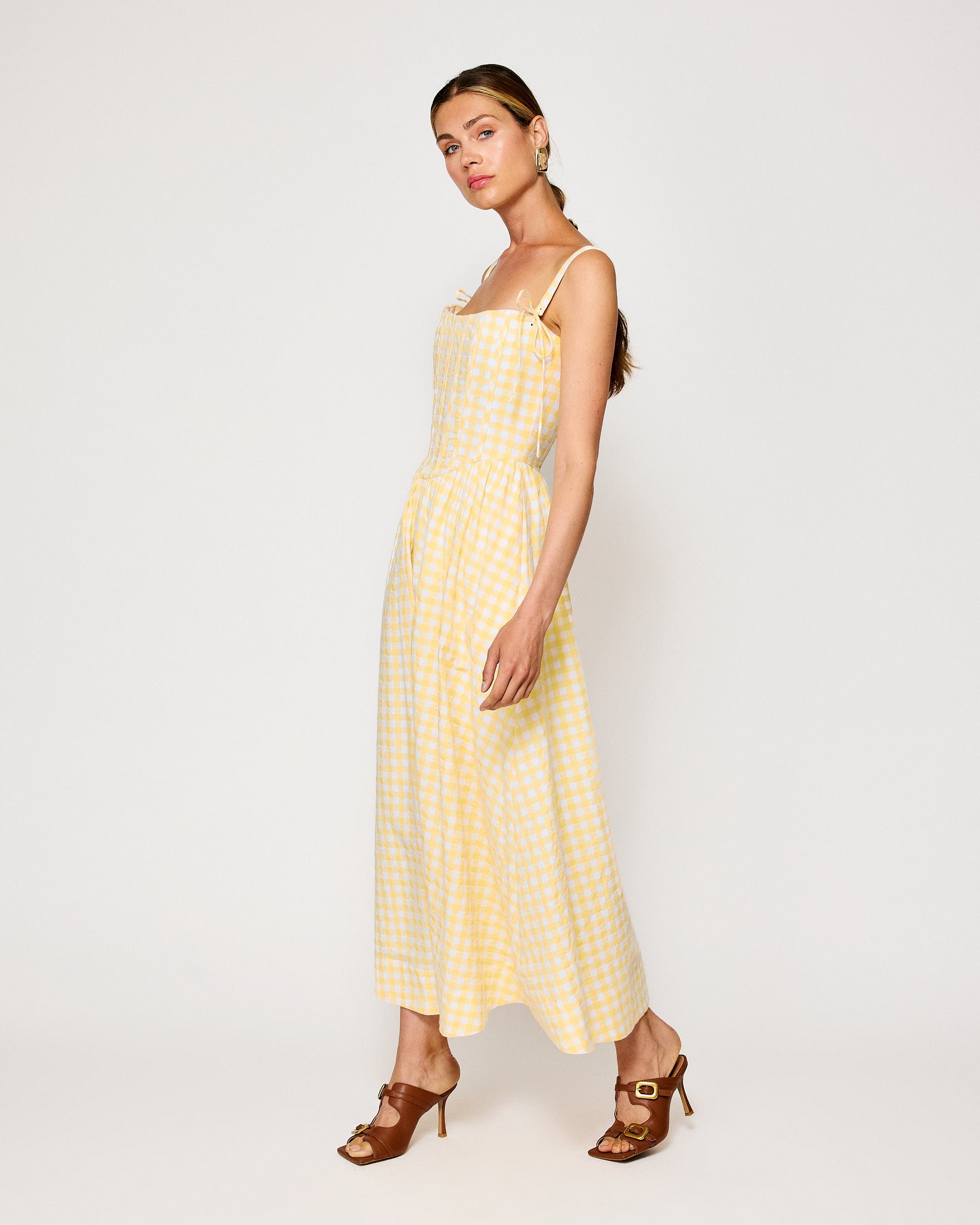 corset a line midi dress Women's Secret Garden A-line Corset Waist Silk Midi Dress XS/S/M/L/XL/Customize Cream/Dusty Rose Floral/Gingham MEAN BLVD M / Dusty Rose / Gingham