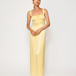 yellow a line maxi dress solid color a line maxi dress with tie IFAUN White / L