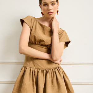empire waist cotton a-line mini dress in sand Chic White Boho Summer Dress Flare Sleeve A-Line Mini Dress