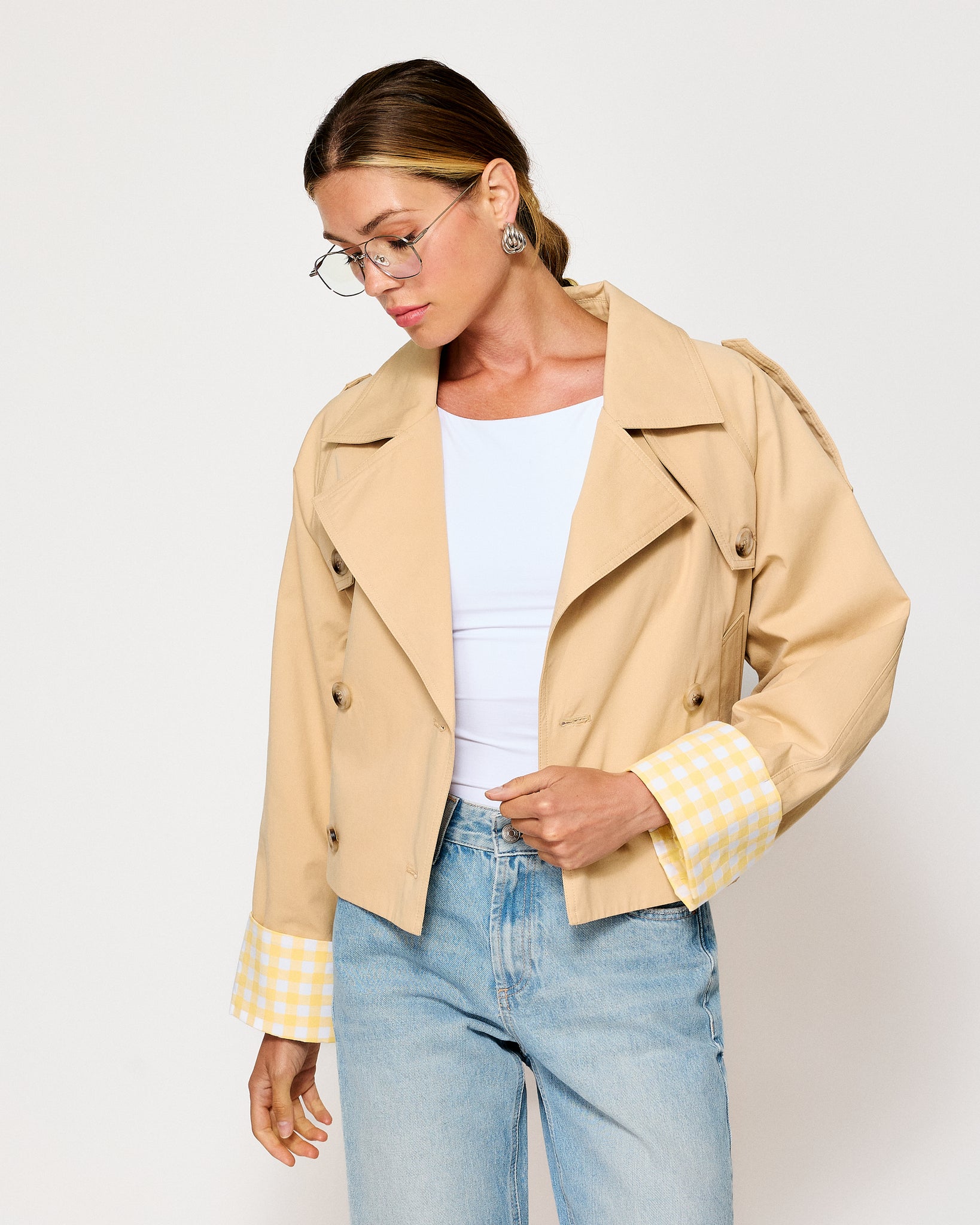 ALBA CROP TRENCH JACKET WITH GINGHAM CHECK CUFFS