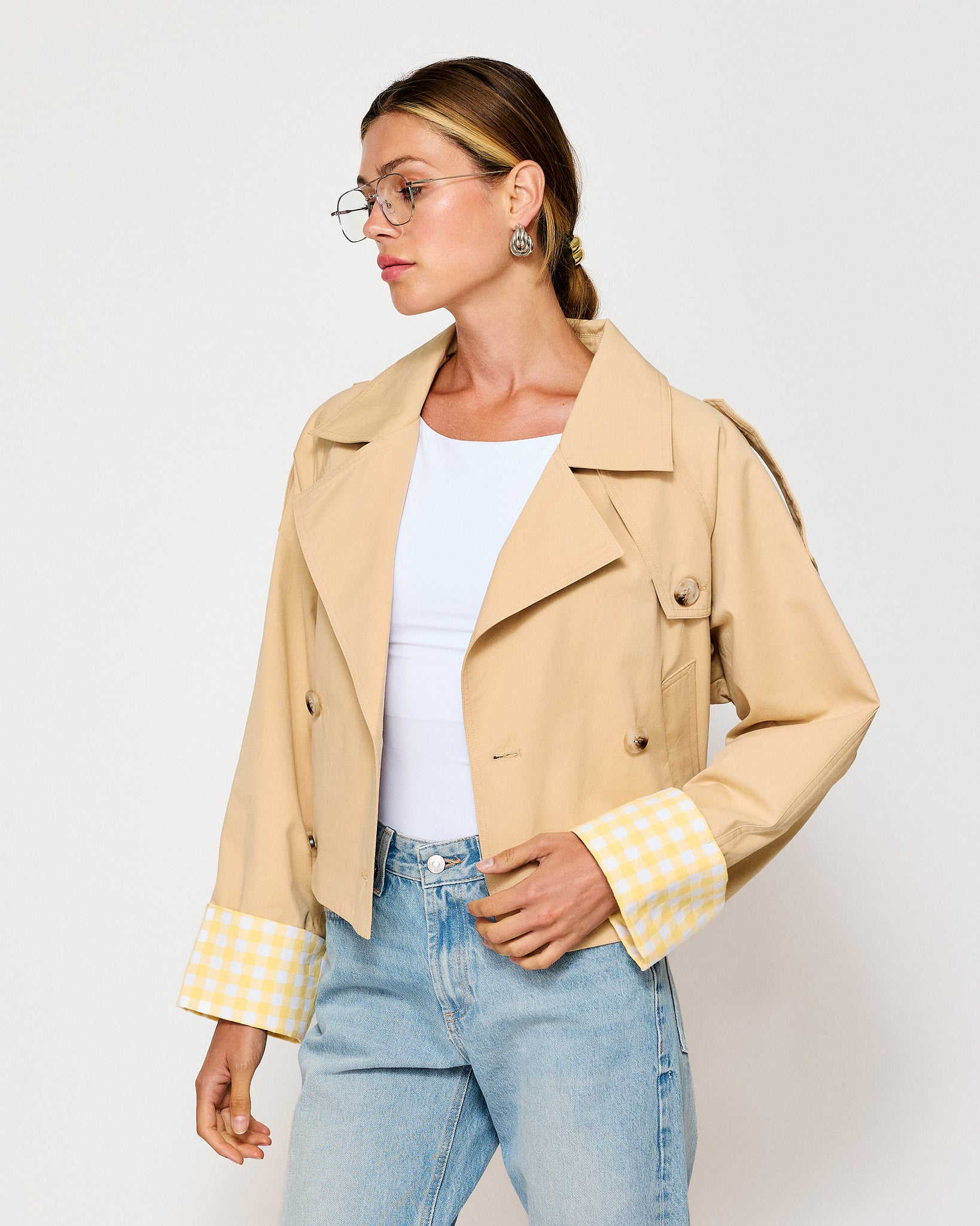 ALBA CROP TRENCH JACKET WITH GINGHAM CHECK CUFFS