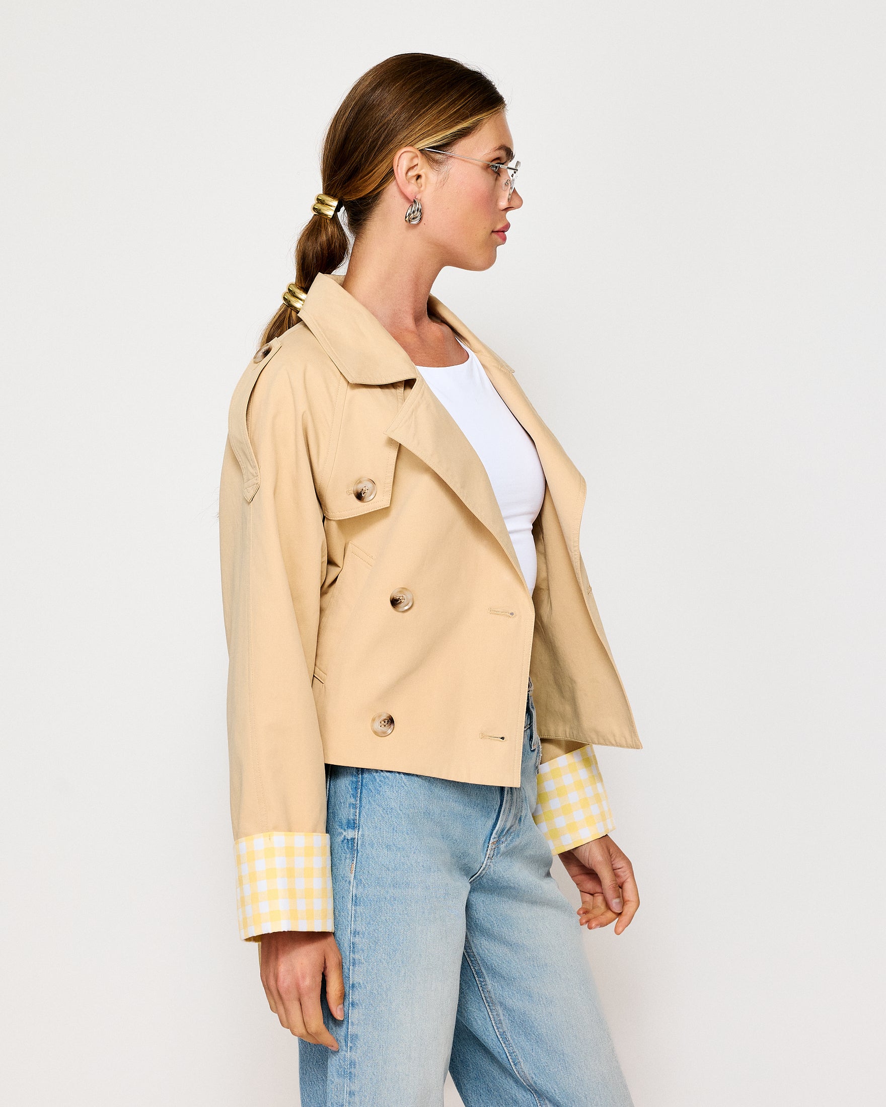 Alba crop trench jacket with gingham check cuffs – Line & Dot