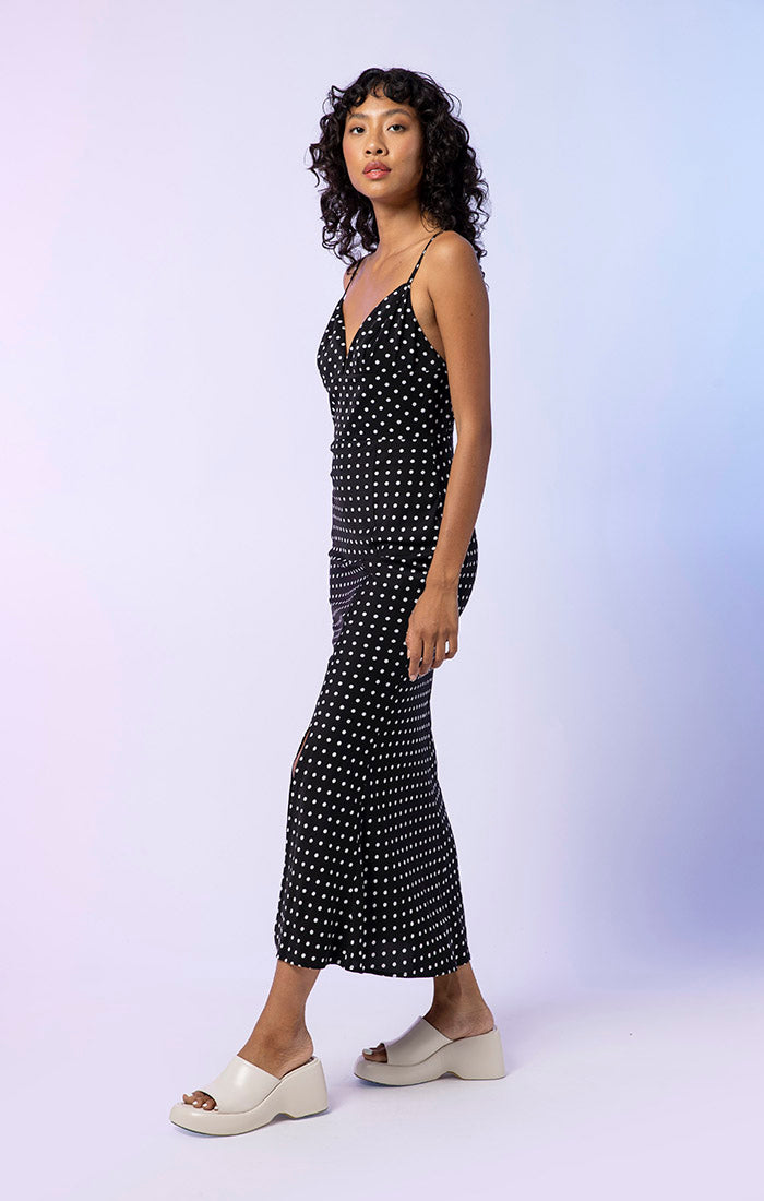 line and dot black dress Satin Black and White A Line Boho Midi Polka Dot Dress