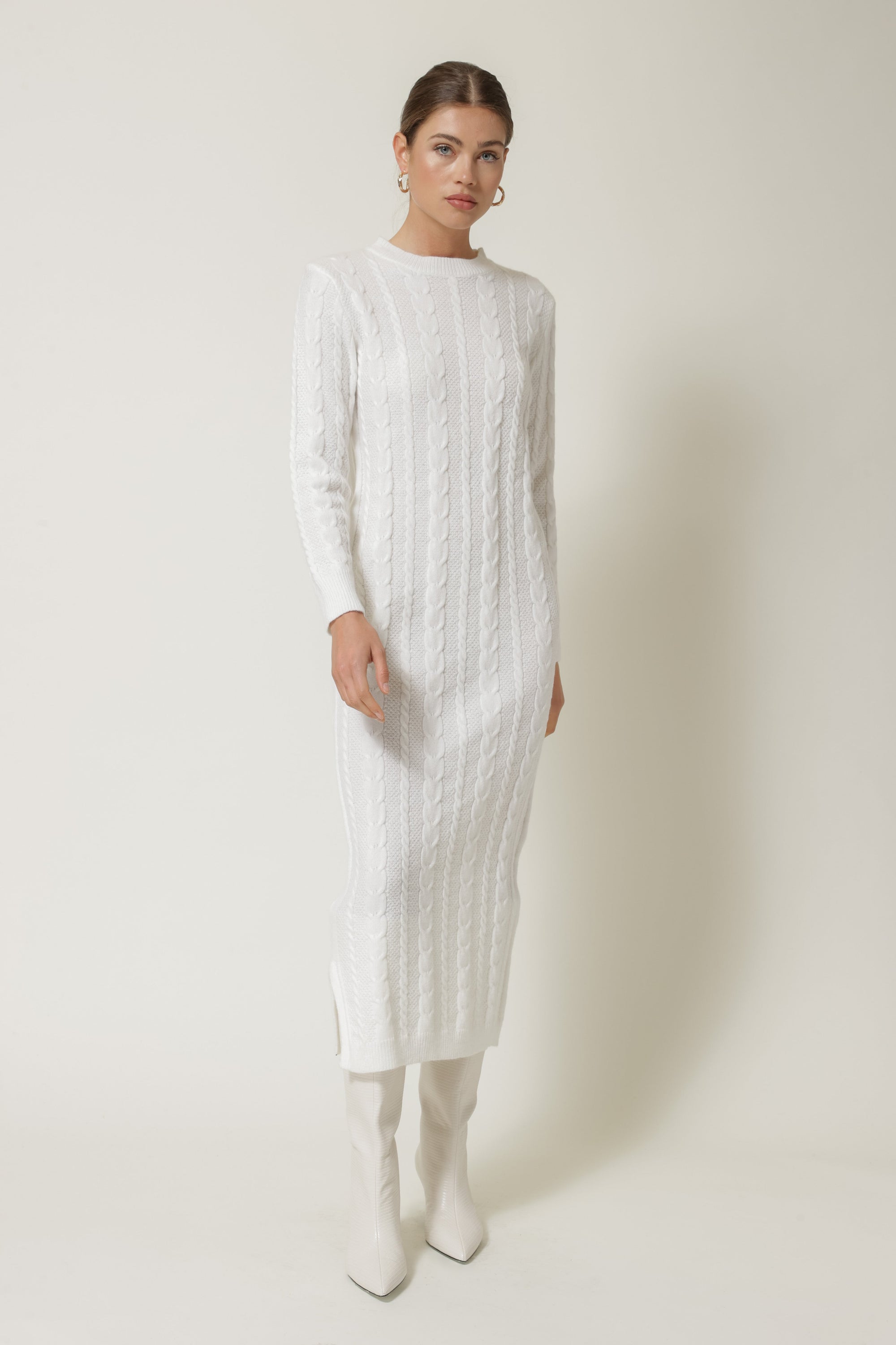 White Sweater Dress with Puff Shoulders - Alyssa Smirnov