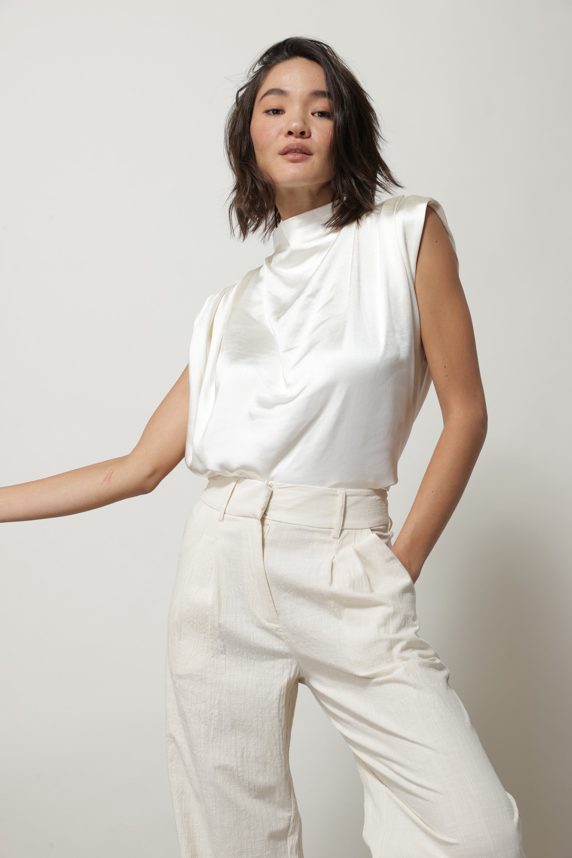 DOLLY SATIN MOCK NECK BLOUSE IVORY Line & Dot DOLLY SATIN MOCK NECK BLOUSE IVORY Line & Dot